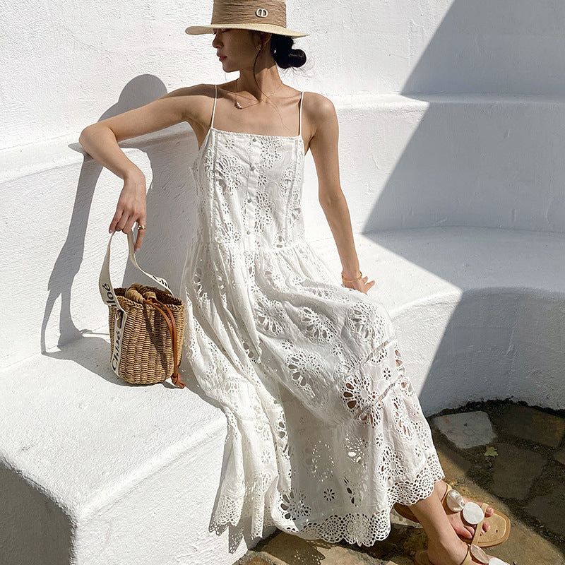 White Suspender Beach Embroidered Maxi Dress