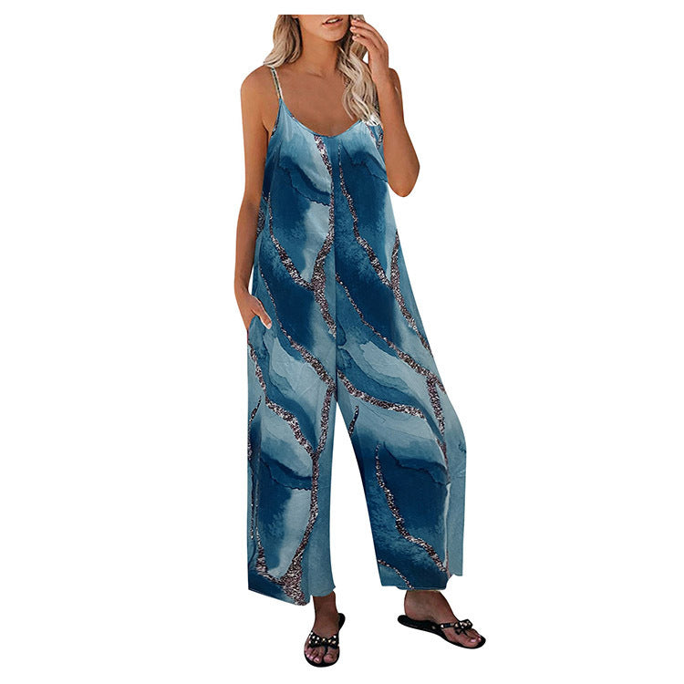 Women's Printed Suspender Pocket Casual Wide Leg Jumpsuit