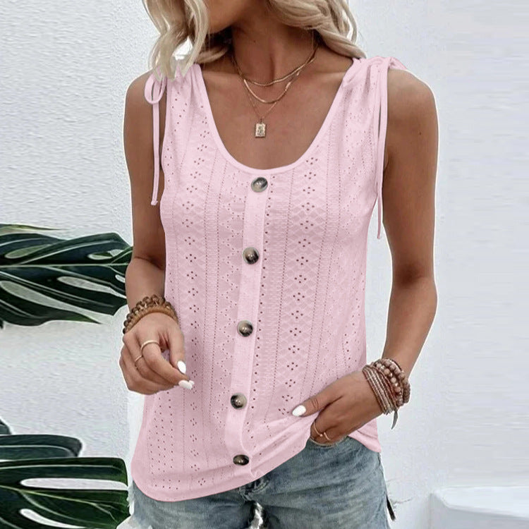 Casual Solid Color U-neck Vest Women Shoulder With Bow Tie Tops Summer T-shirt