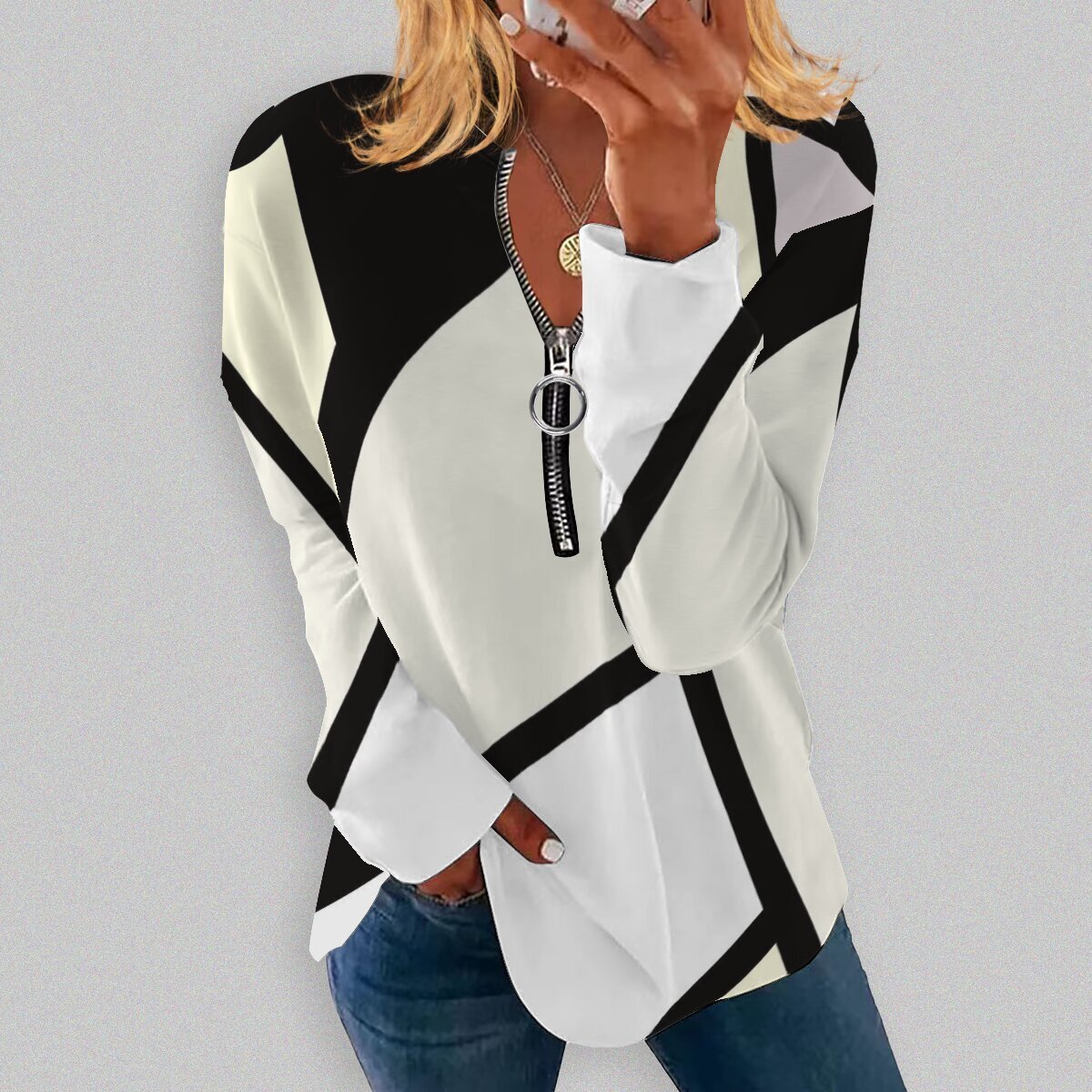 RETRO Geometric Printed Round Neck Long-sleeve T-shirt Long-sleeve Zipper