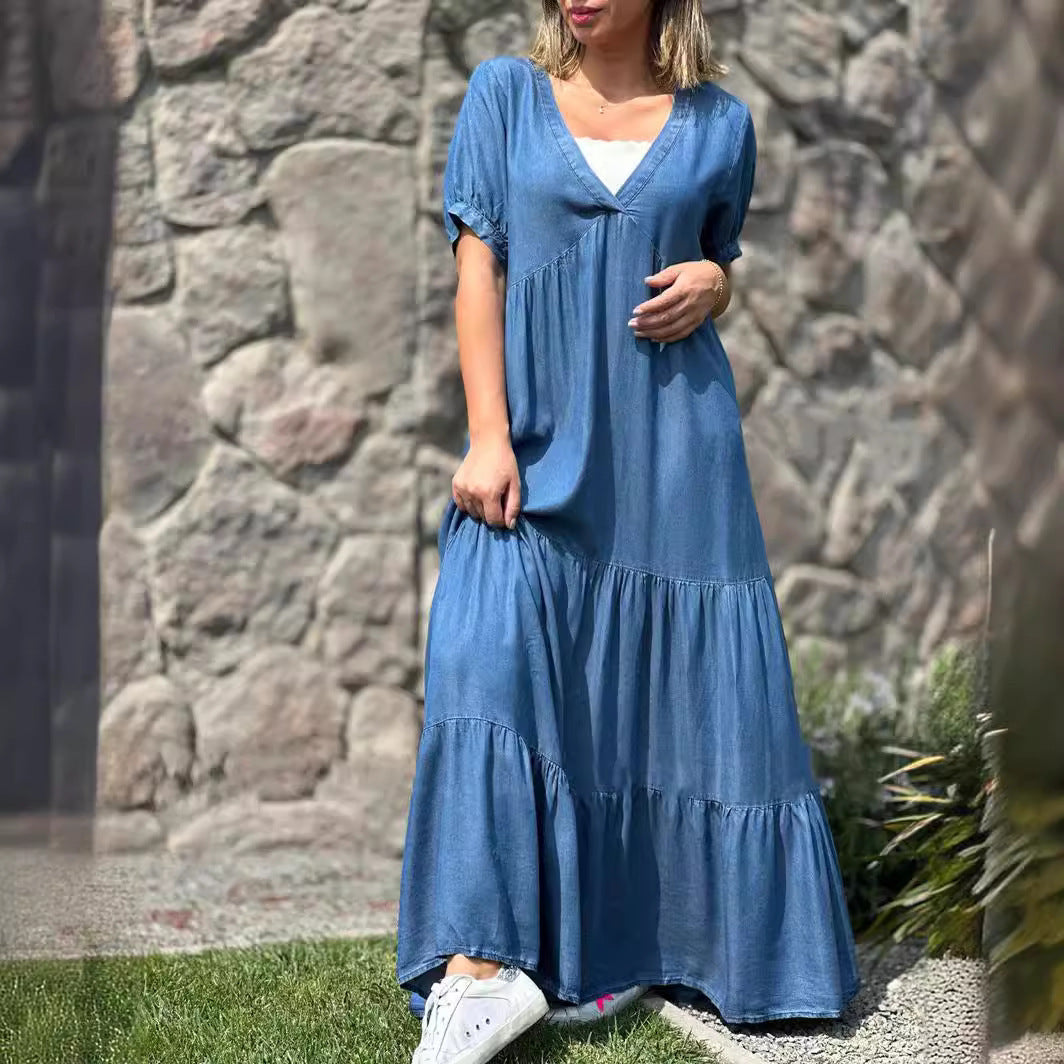 European And American Plus Size Women's Clothes Faux Denim Solid Color And V-neck Long Dress