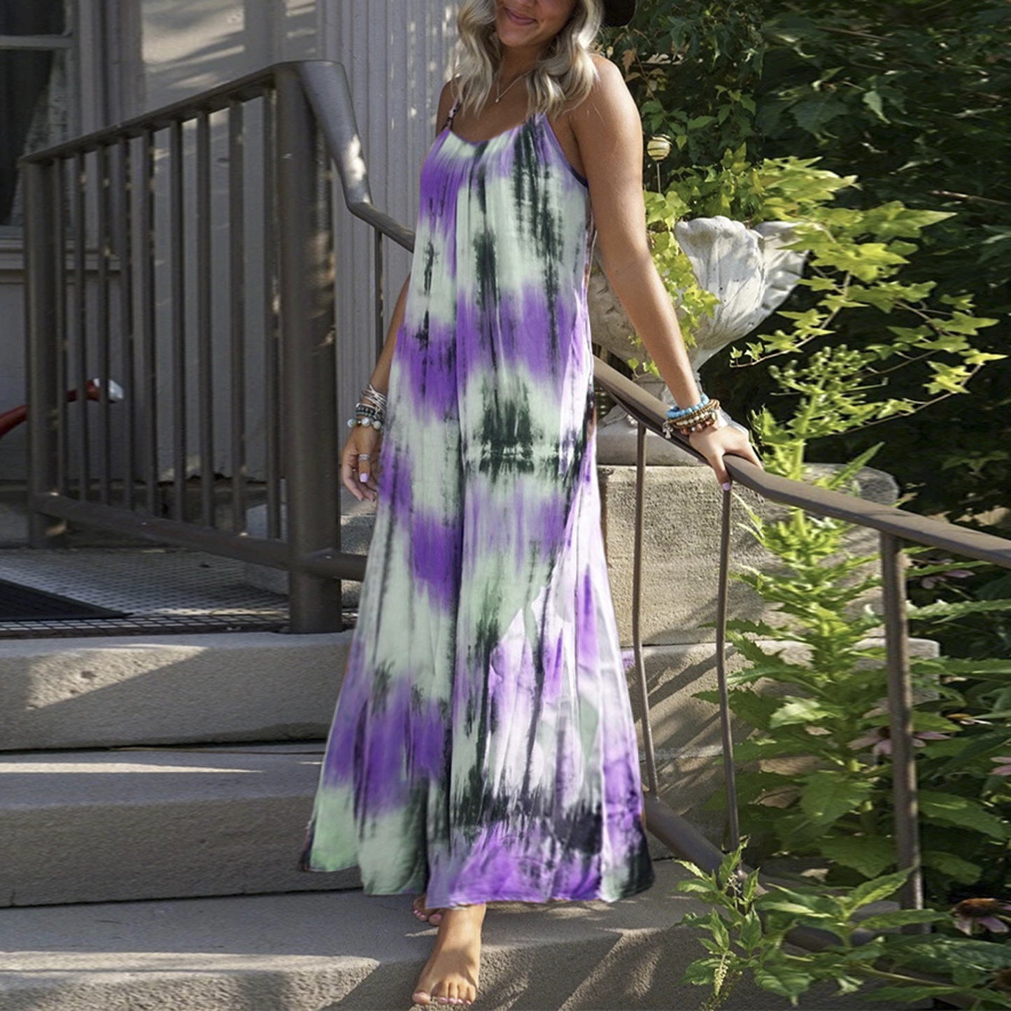 Women's Plus Size Tie Dye Striped Print Slip Dress