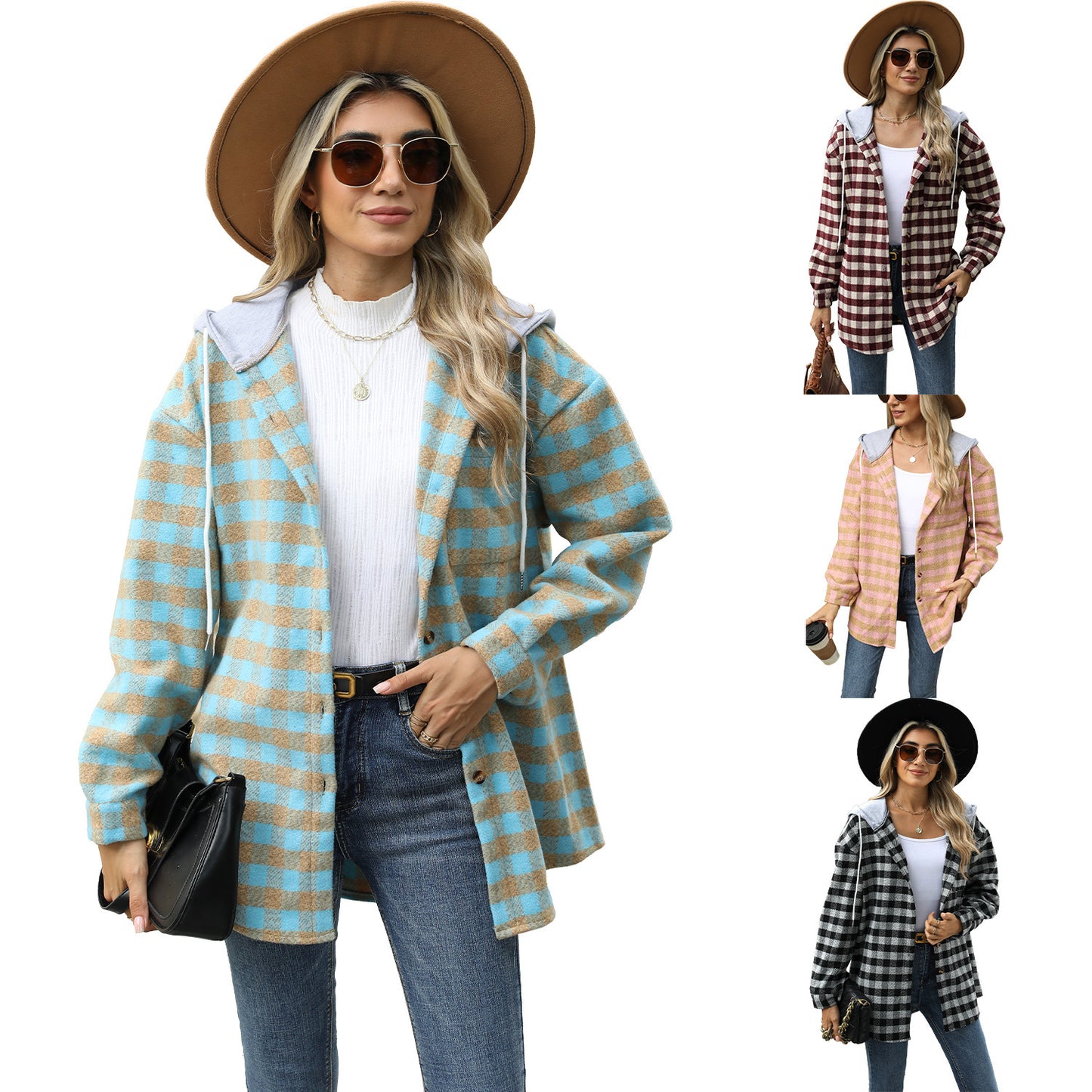 Women's Hooded Plaid Stitching Single-breasted Jacket