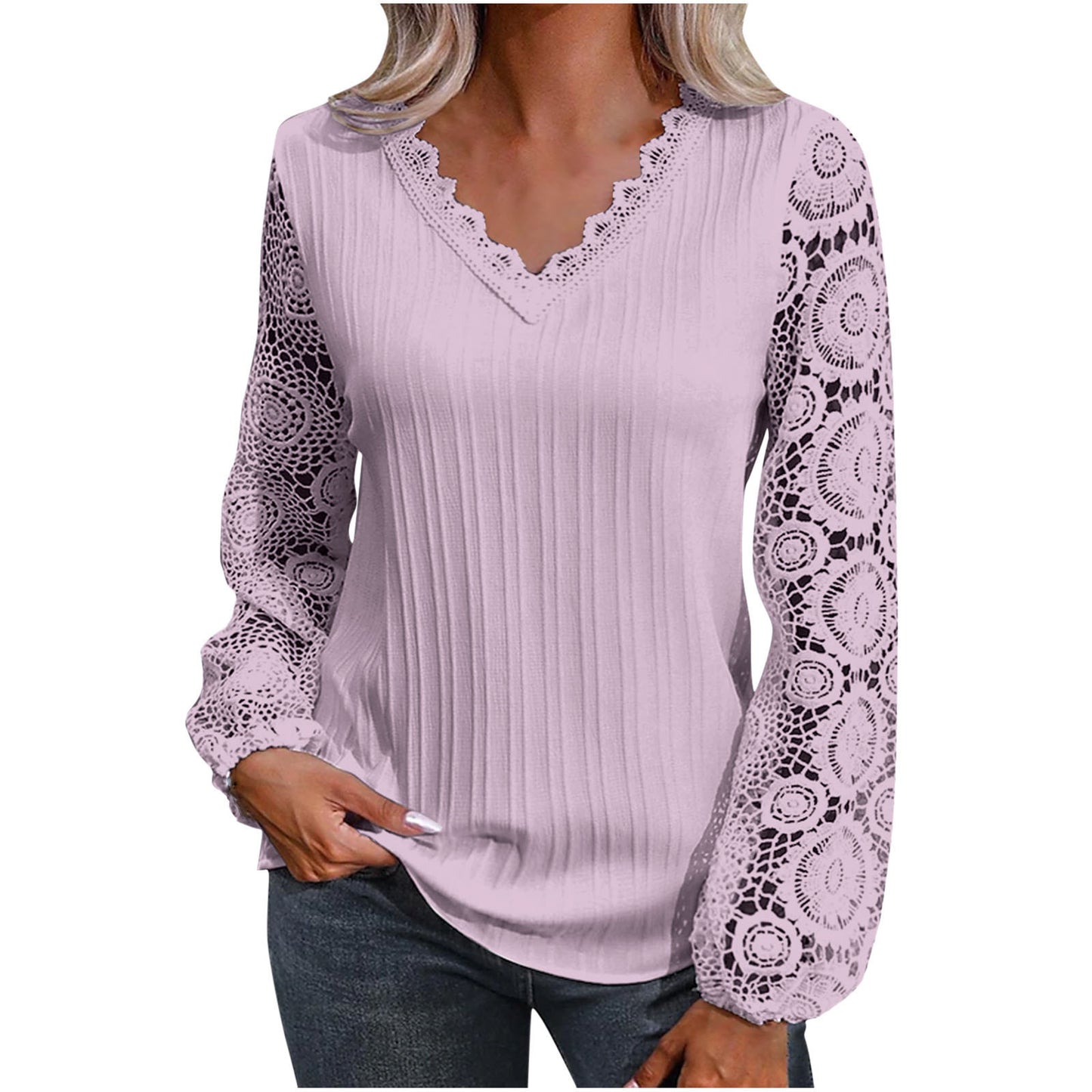 V-neck Casual Loose Women's Lace Bottoming Shirt Long Sleeve