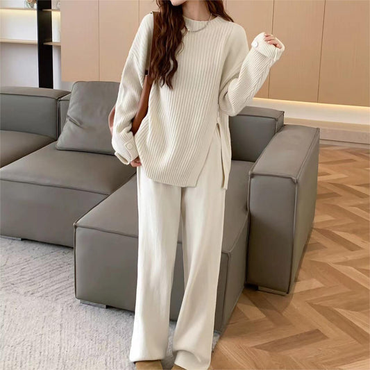 Casual Sports Style Suit Design Sense Slit Knitted Sweater Wide Leg Pants Two-piece Set