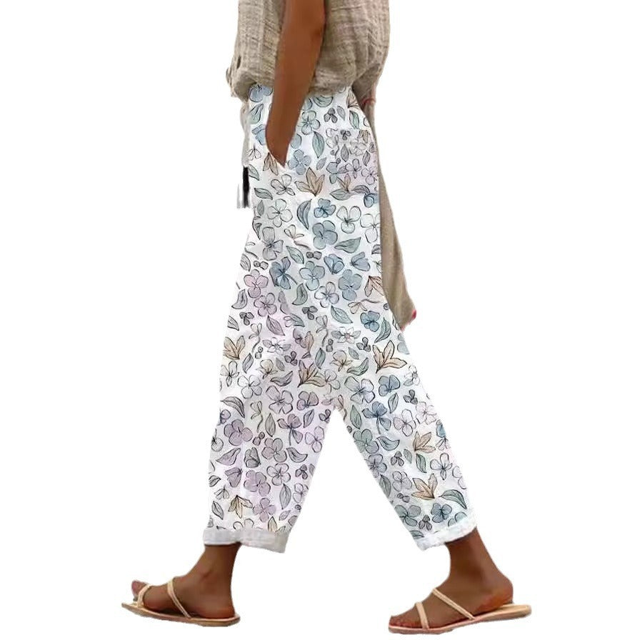 Pocket Casual Printed Elastic Waist Cropped Straight Pants
