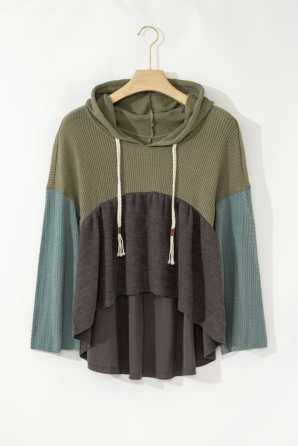 Laurel Green Mixed Textured Colorblock Patchwork Wide Sleeve Frayed High Low Hooded Top