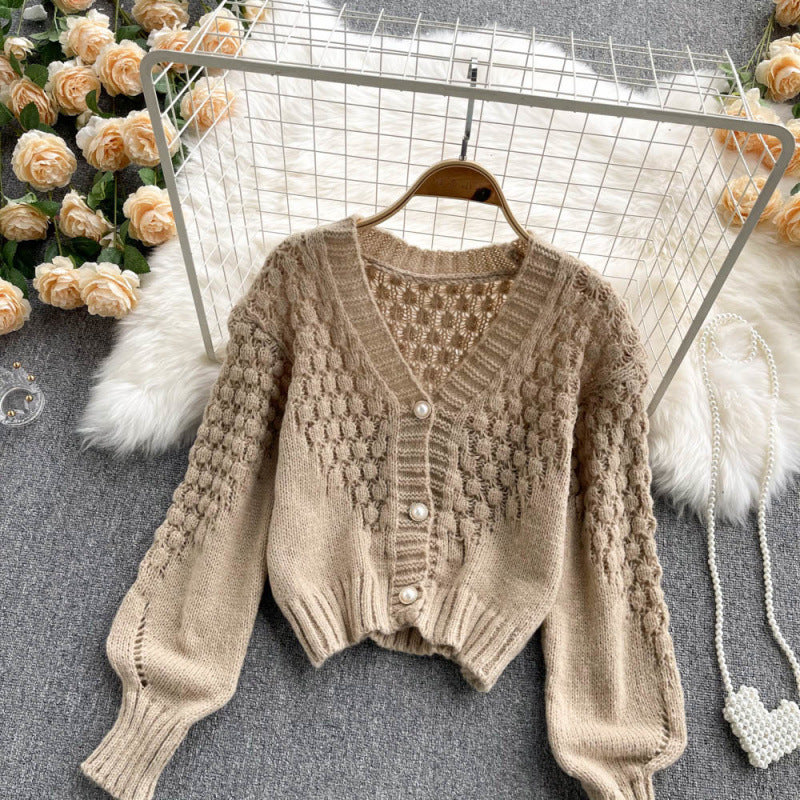 Knitted Cardigan Sweater Coat Women's V-neck Design Sense