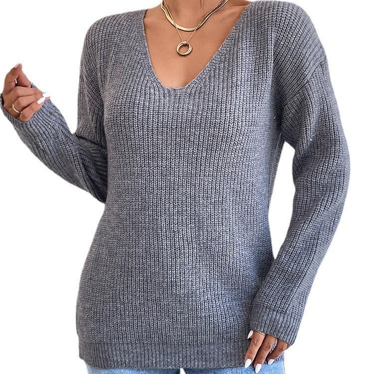 Lace Backless Hollow Out V-neck Pullover Long Sleeve Sweater