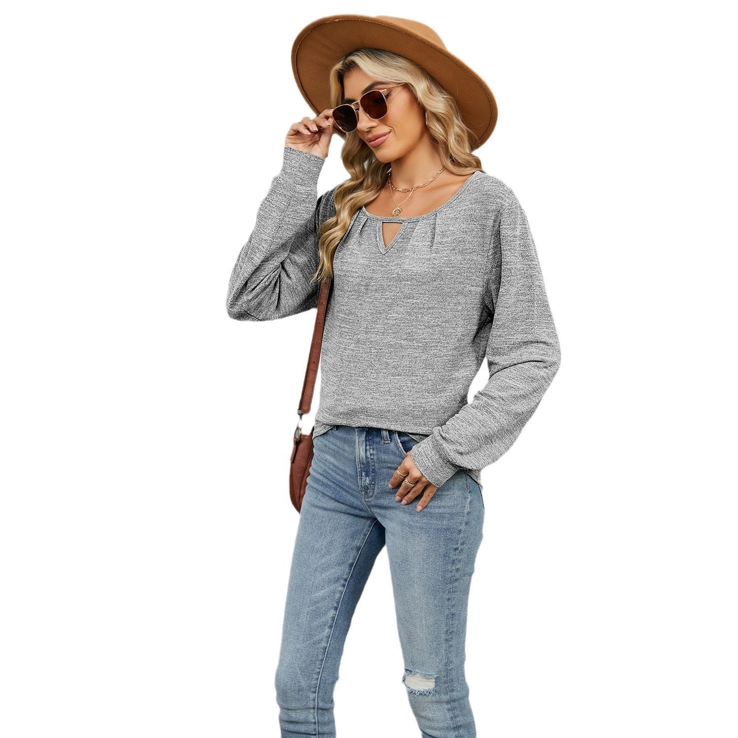 Solid Color Loose Long Sleeves T-shirt Top For Women