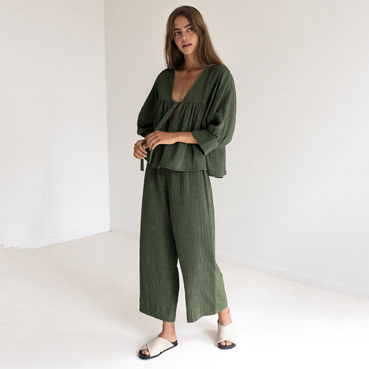 Women's Fashion Long Sleeve Double-layer Crepe Pajamas Trousers Loose Outfit