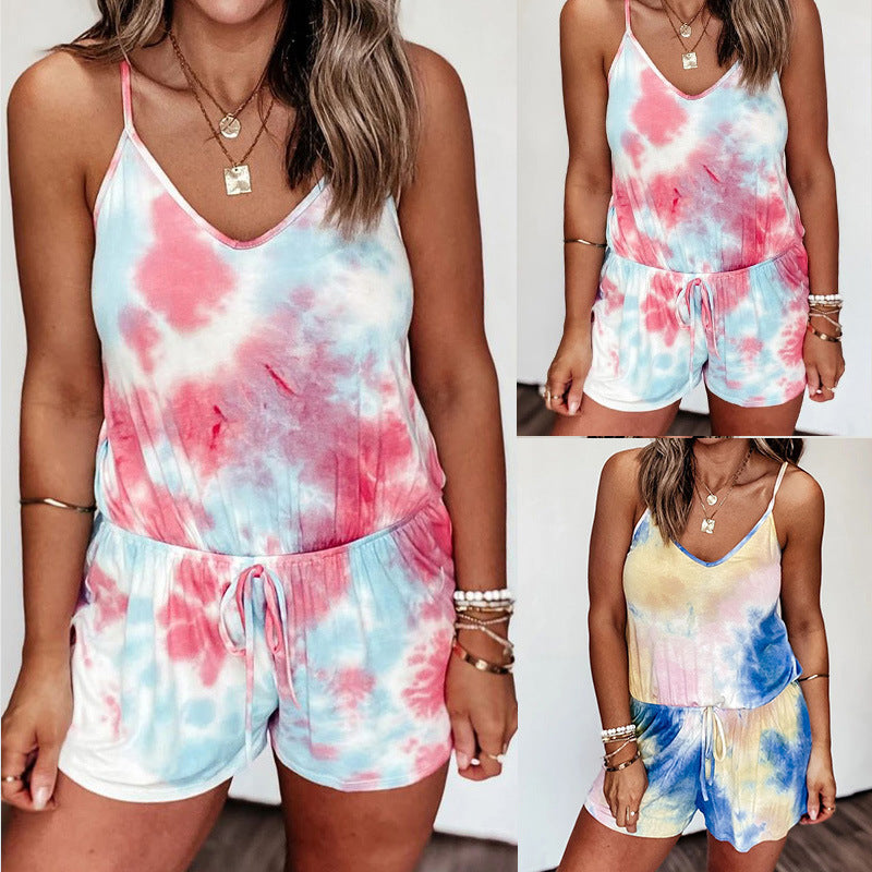 Women Tie-Dye Printed Suspender Shorts