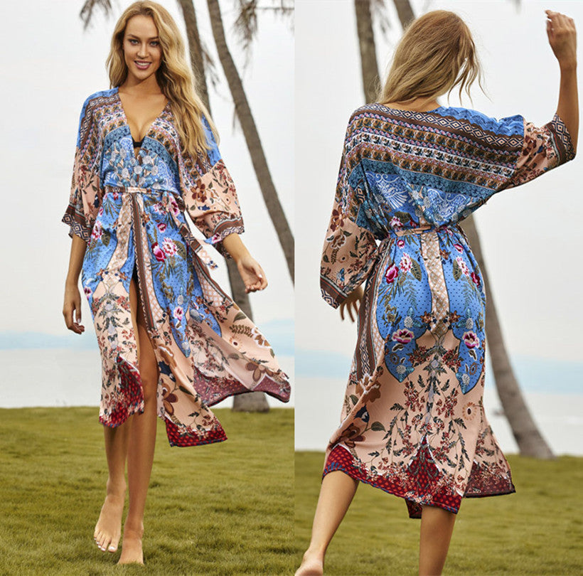 Rayon Watermark Printed Beach Cover-up Cardigan Long Dress