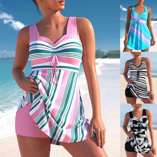 Two-piece Skirt Swimwear Bikini Striped Printed Boxer High Waist Swimsuit