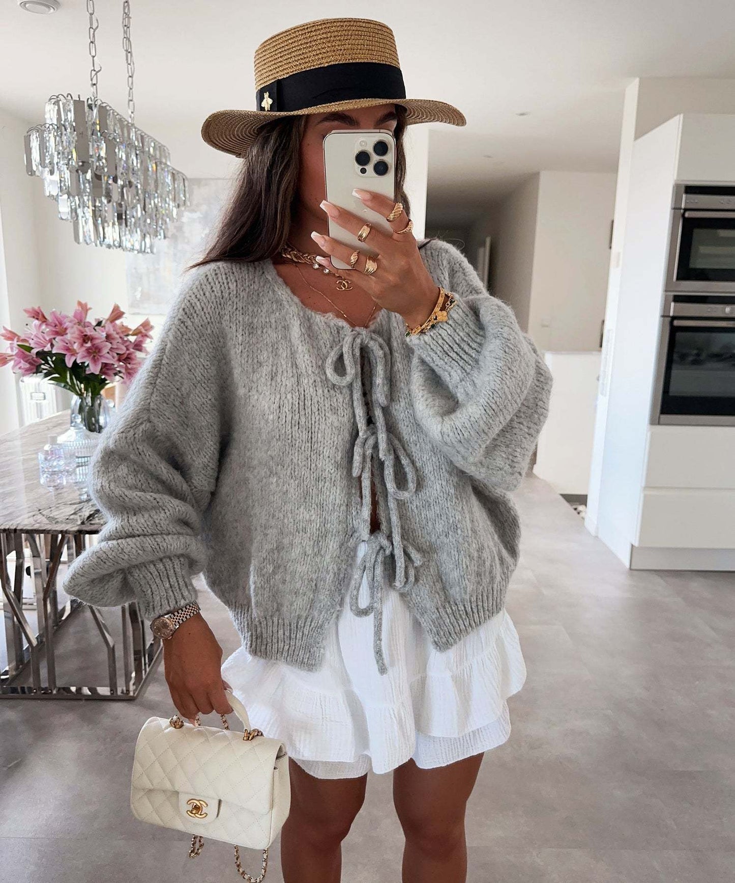 Round Neck Tied Knitted Cardigan Coat Solid Color Commute Simple Sweater Women