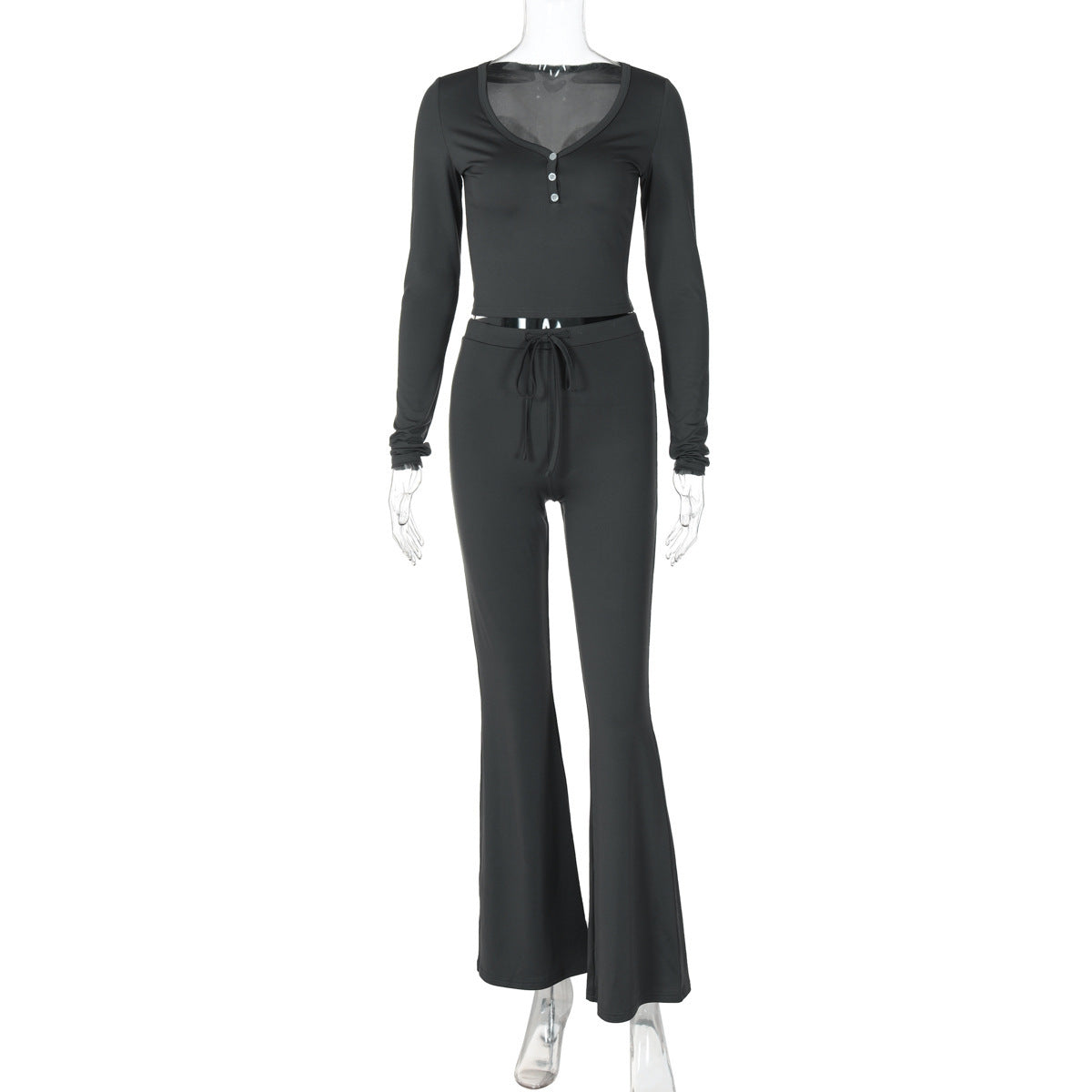 European And American Solid Color Long Sleeve Fashion Drawstring Trousers Two-piece Suit