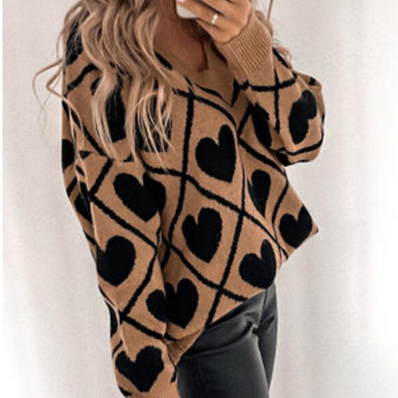 V-neck Pullover Love Knit Sweater Foreign Trade Casual Sweater Women