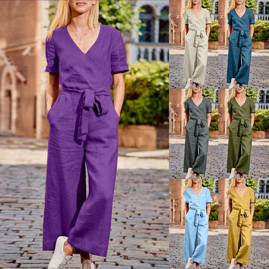 Spring And Summer New Short Sleeve Solid Color Casual Loose One-piece Trousers