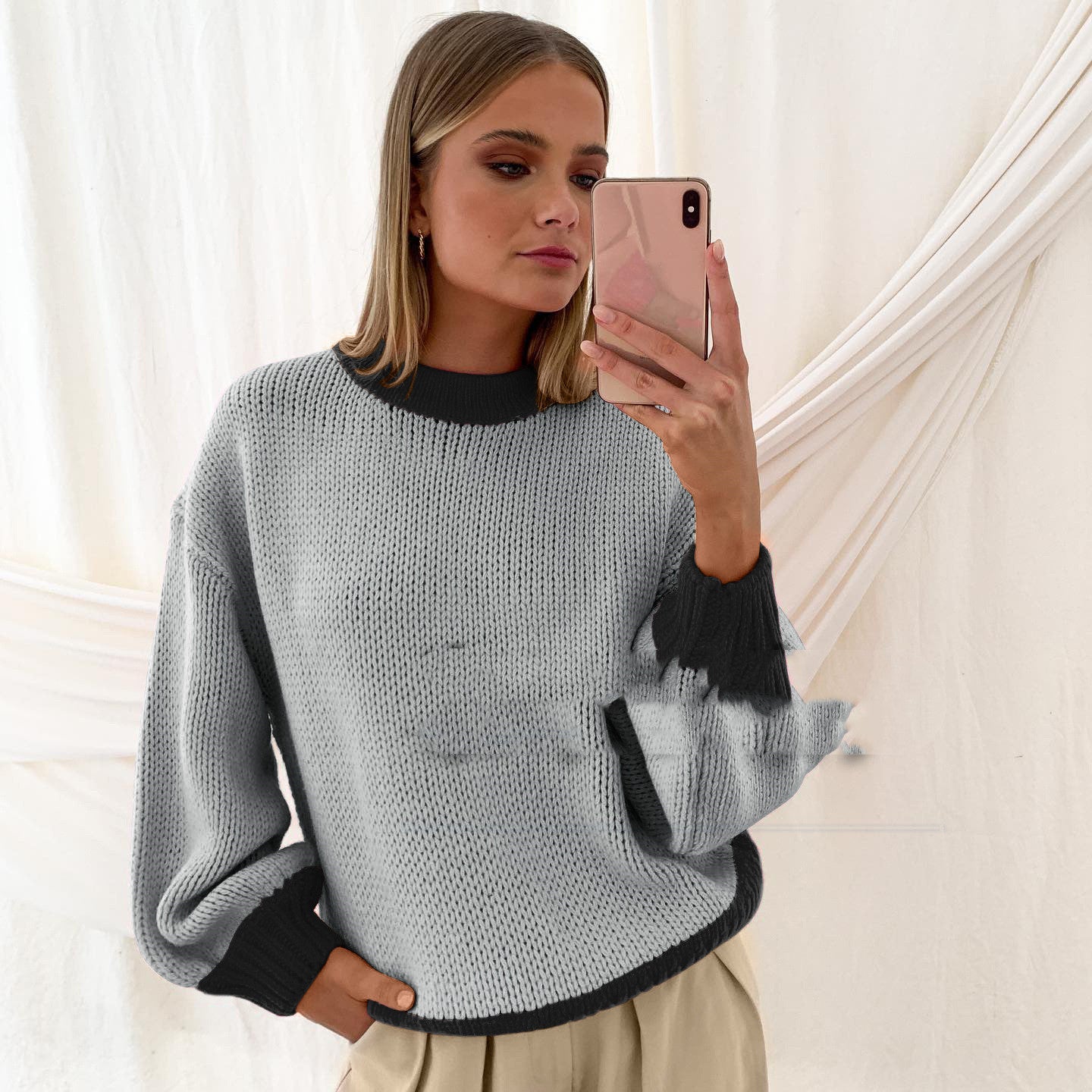 New Women's Knitted Sweater Stitched Pullover Loose
