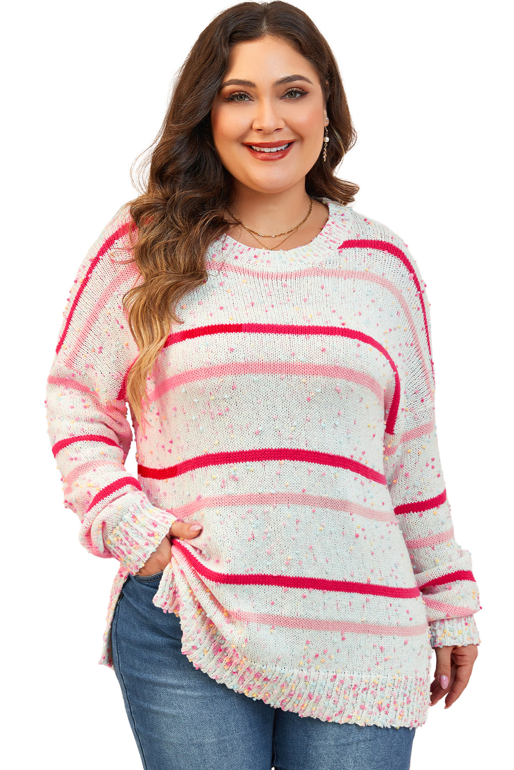 Pink Stripe Drop Shoulder Side Split Plus Size Sweater