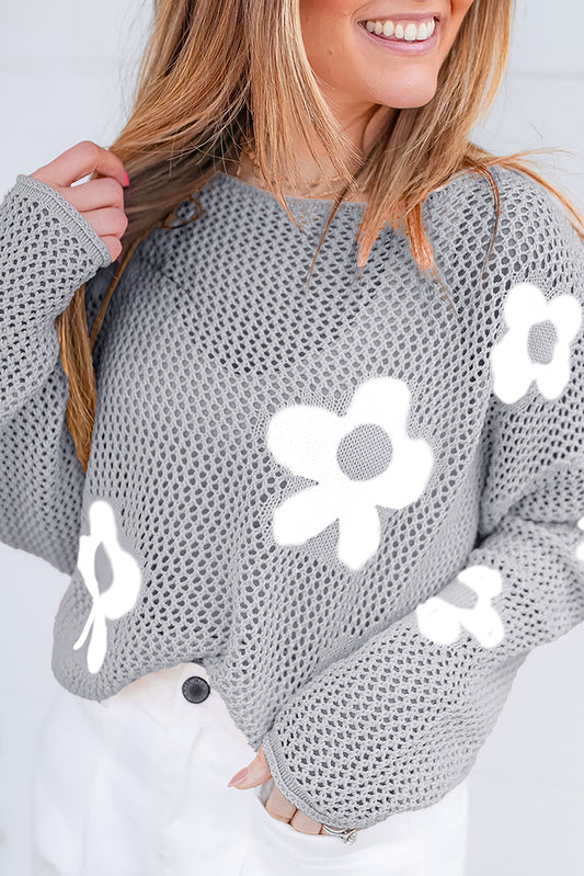 Light Grey Big Flower Hollowed Knit Drop Shoulder Sweater