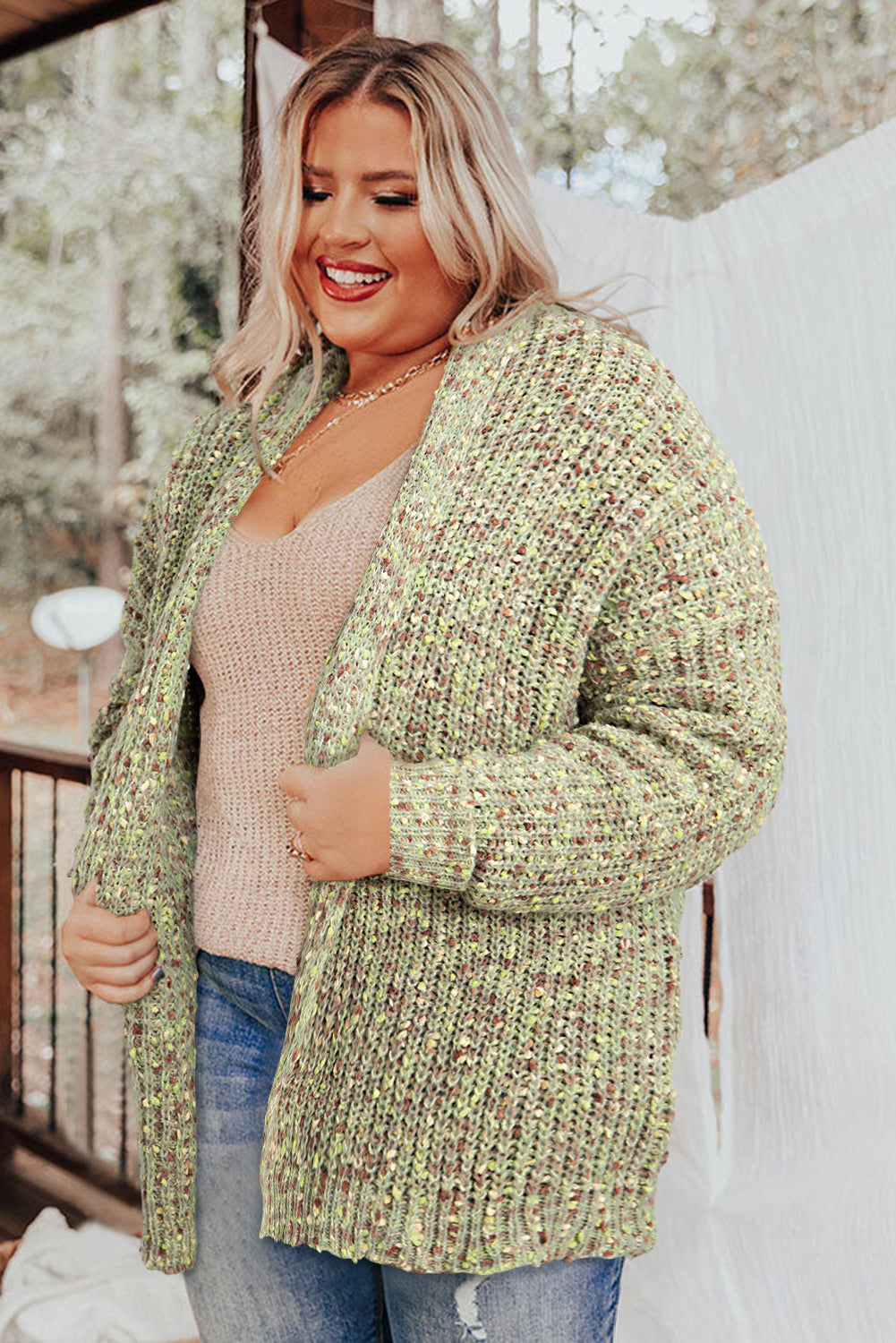 Sage Green Open Front Knit Plus Size Cozy Cardigan