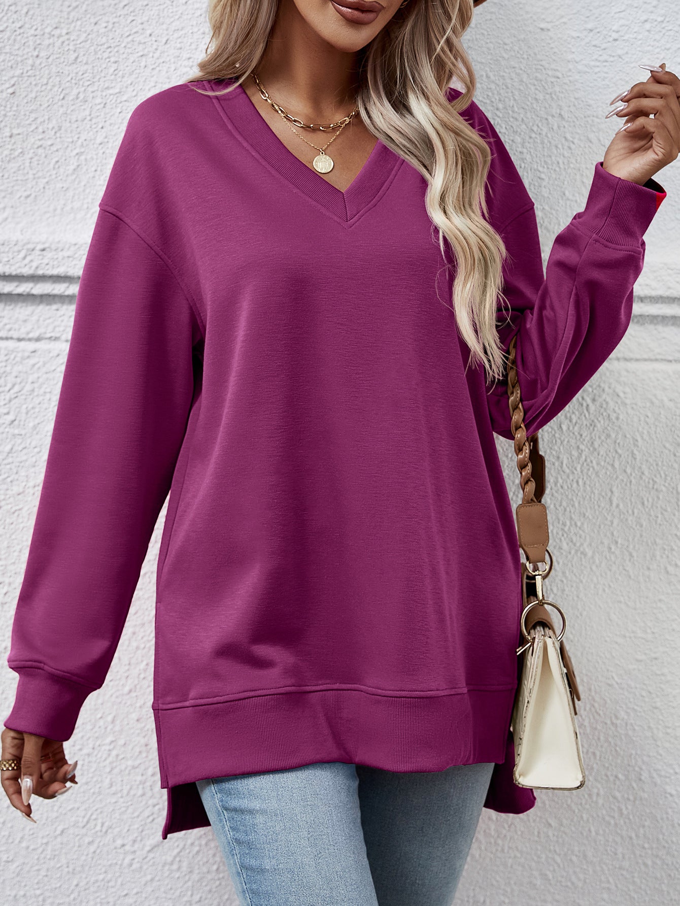 Solid Color And V-neck Split Front Short Back Long Sweater