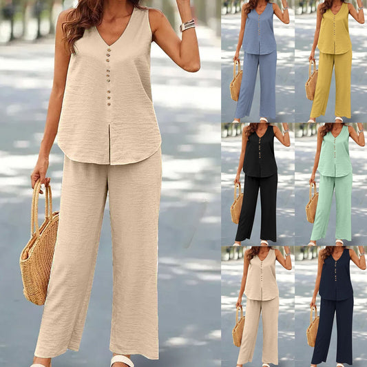 Women's Casual Solid Color Printing Vest Wide Leg Pants Suit