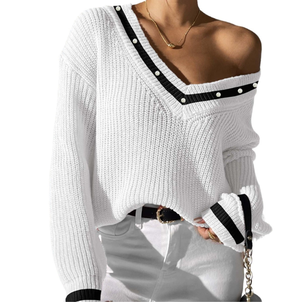 Women's Top Color Contrast Patchwork V-neck Long Sleeve Sweater