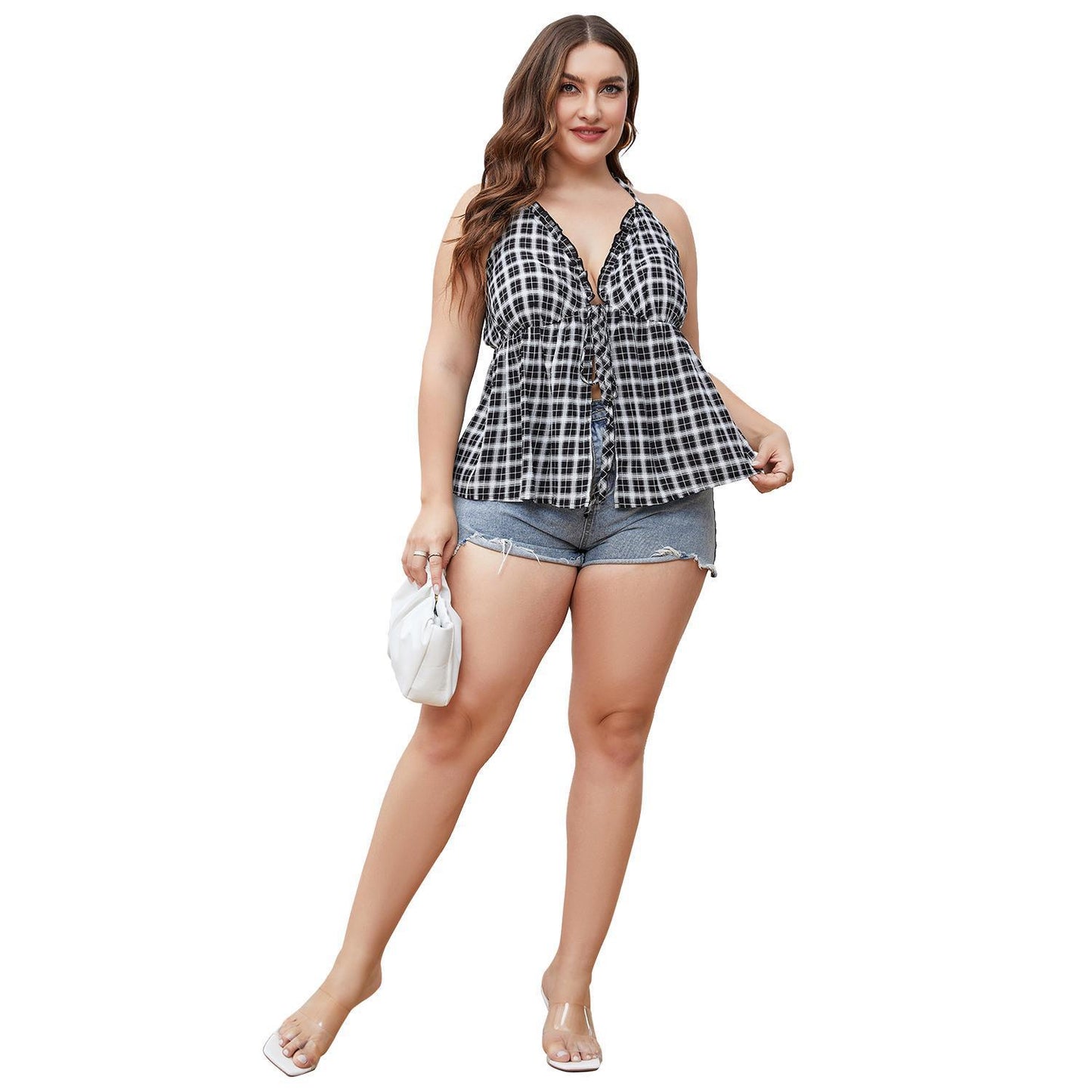 Plus Size Women's Summer Tube Top Plaid Shirt