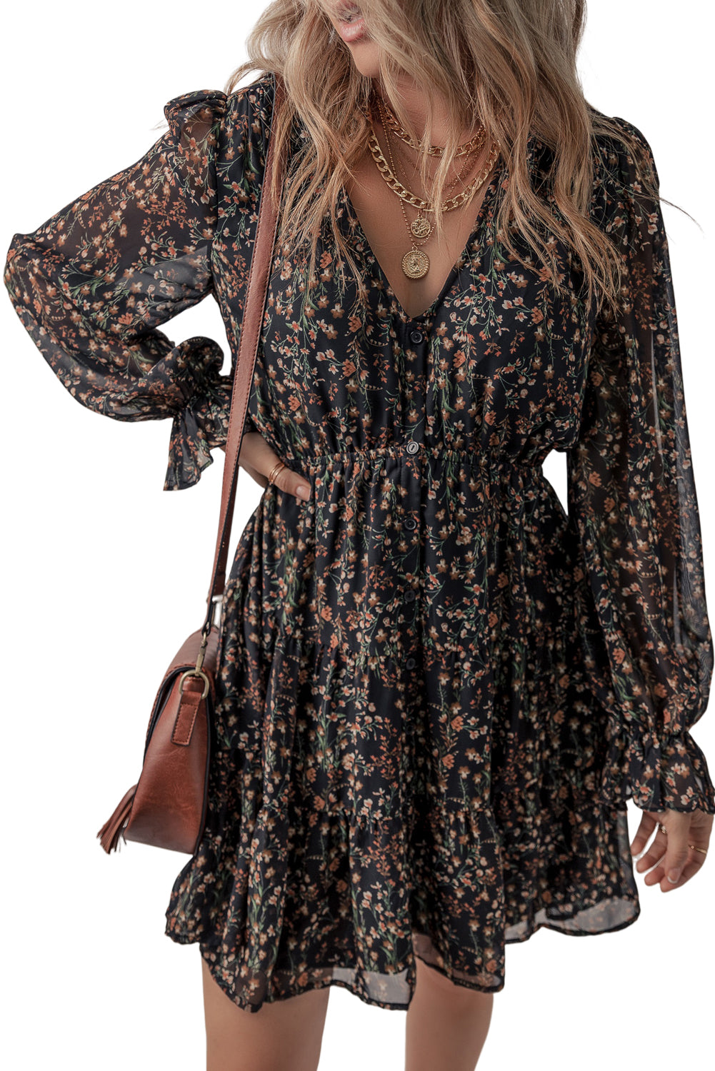 Black Floral Print V Neck Ruffled Puff Sleeve Mini Dress