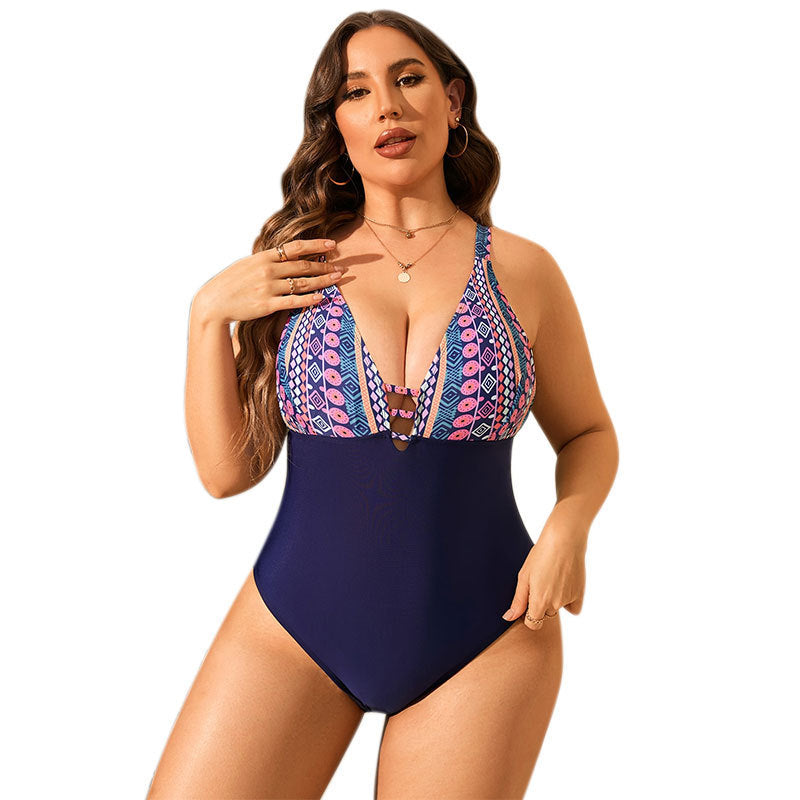 Printed Plus Size Swimsuit Female Cover Belly Conservative V-neck