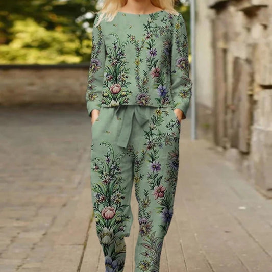 Women's 3D Trendy Printed Casual Round Neck Trousers Long-sleeve Suit