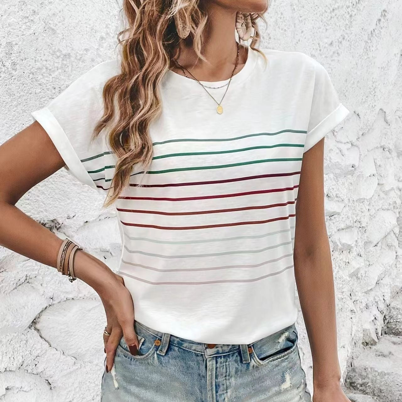 Casual Thin Striped Drop-shoulder Short Sleeve T-shirt