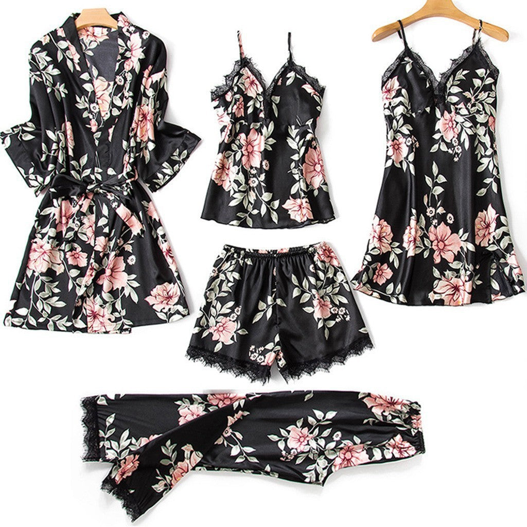 Pajamas Printed Women's Imitation Sling Sleeping Loose Comfortable Lace Five-piece Set