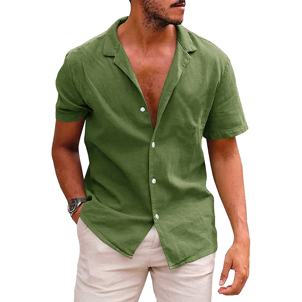 Summer Lapels Solid Color Short Sleeve Men's Cotton And Linen Shirt