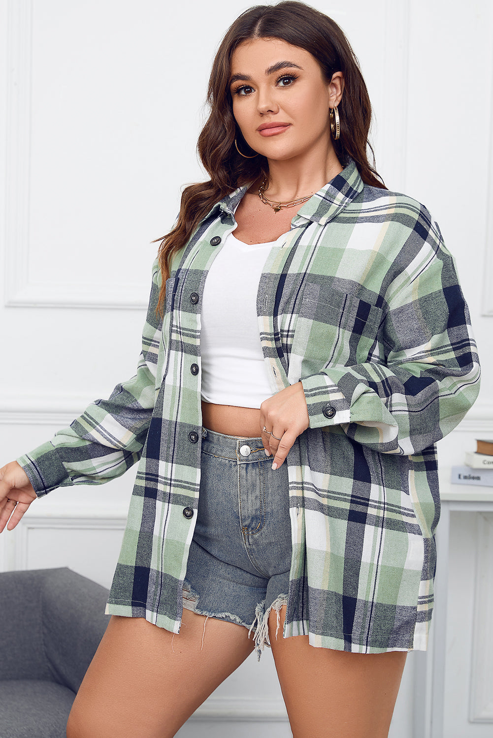 Green Printed Plus Size Chest Pocket Plaid Shirt