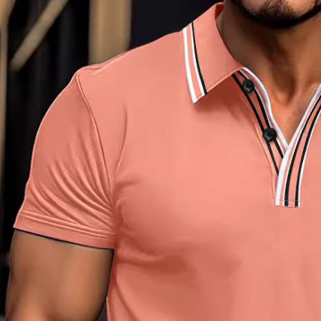 Men's Neckline Striped Casual Polo Collar Button All-match Polo Shirt Short Sleeve