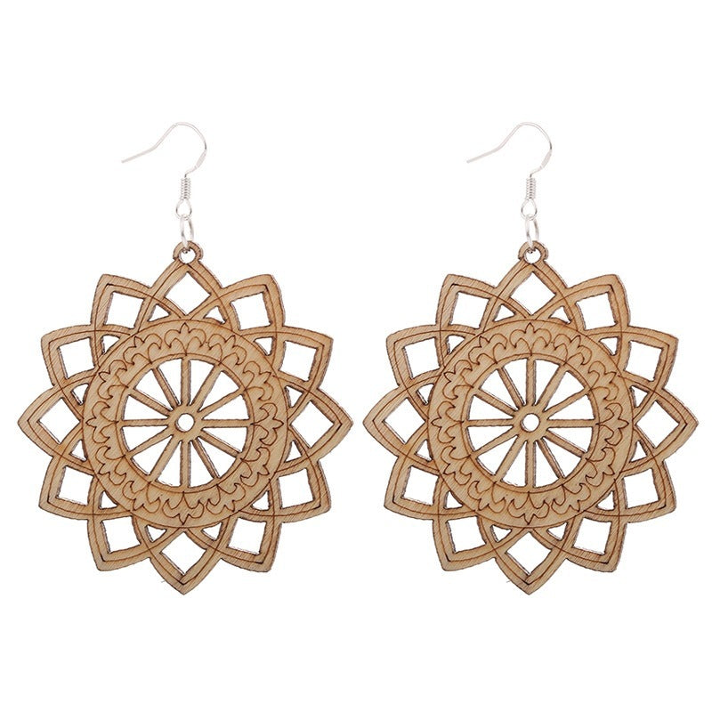 Exaggerated African Pattern Geometric Wooden Earrings Brown