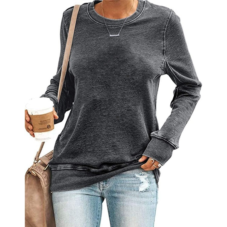 Temperament Commuter Long-sleeved Round Neck Solid Color T-shirt Top