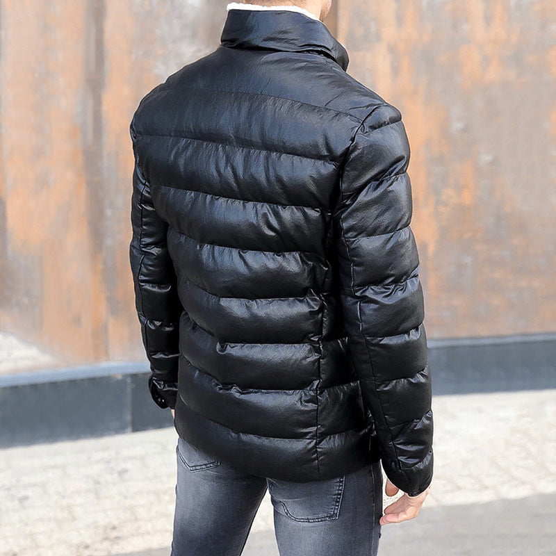 Black PU Leather Puffer Jacket Mid-length Slim-fit Men's Bread Jacket