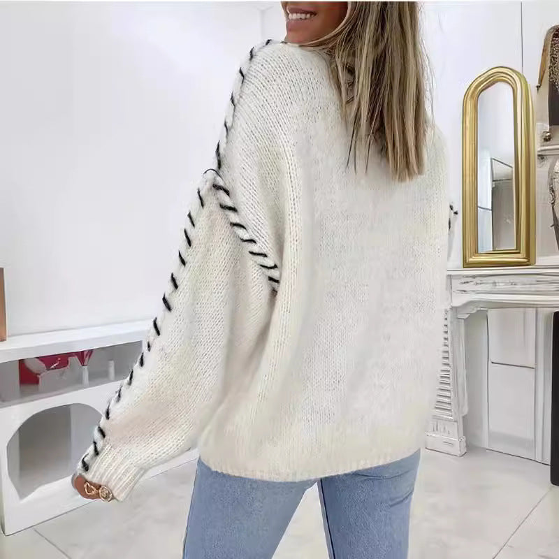 Spring And Autumn Fashion Solid Color Round Neck Long Sleeve Loose Knitted Sweater