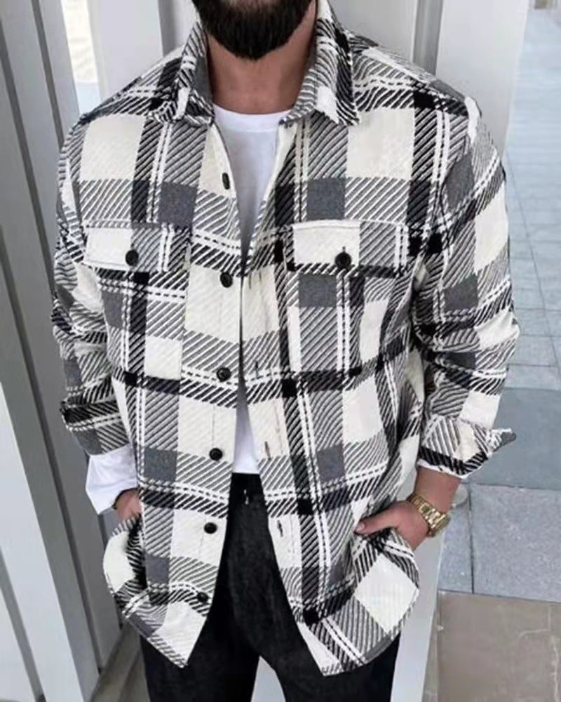 New Long Sleeve Check Casual Stand Collar Pocket Shirt Jacket