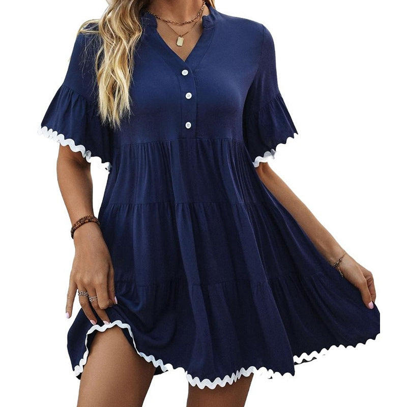 European And American Summer Lace V-neck Solid Color Girl's Dress