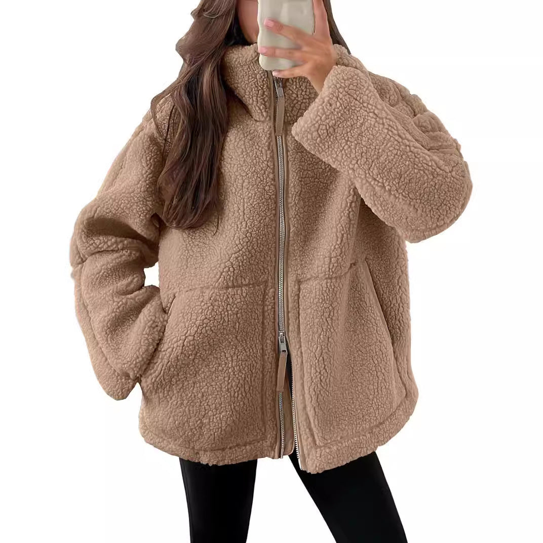 Casual Long Sleeve Oversized Warm Double Zipper Winter Teddy Jacket