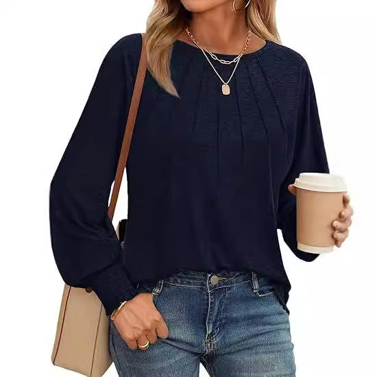 Women's Round Neck Pleated Long Sleeve Top