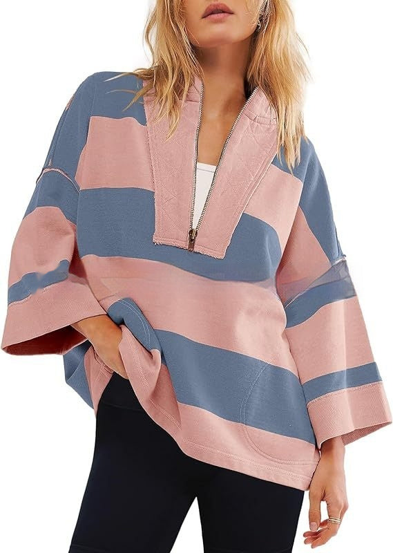 Women's Oversized Striped Shirt Half Zip Sweatshirt Color Matching