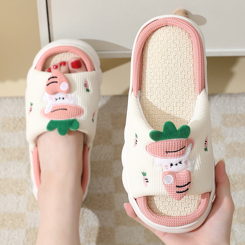 Cute Carrot Rabbit Shoes Linen Slippers Men And Women Couples Indoor Non-slip Thick Bottom House Shoes