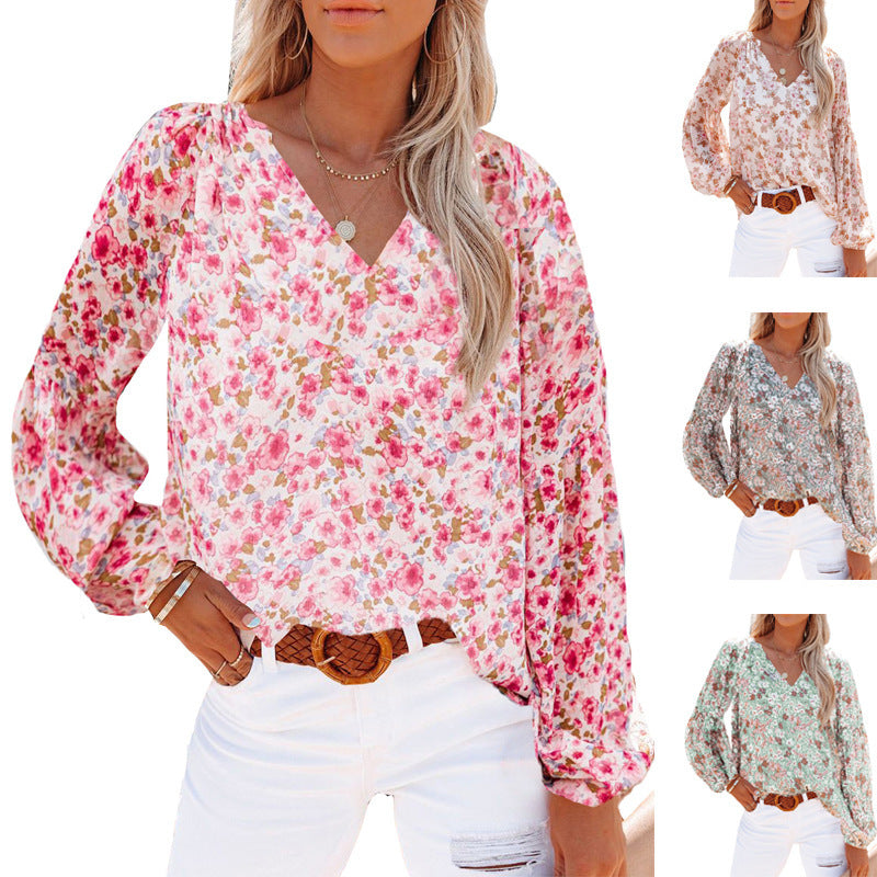 Lantern Sleeve Shirt Women Floral Print Chiffon Shirt