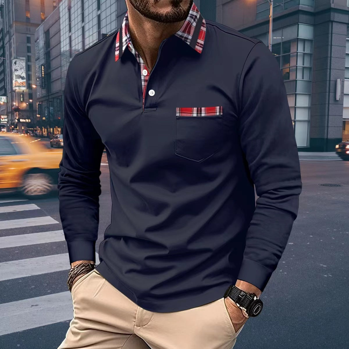 Autumn Button Pocket Men's Long Sleeve Polo Shirt